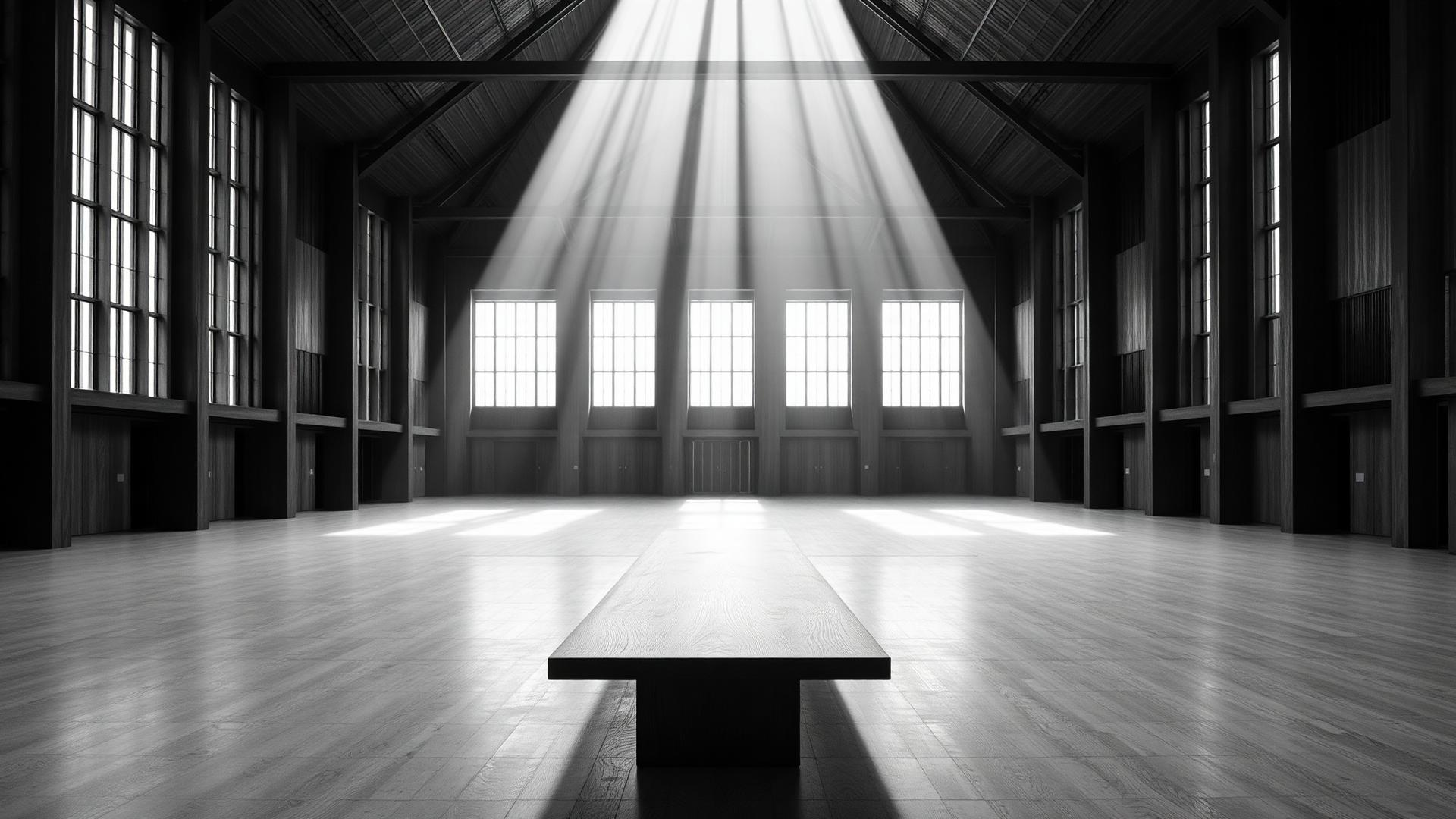 Großer Saal mit langem Tisch und Lichtstrahl